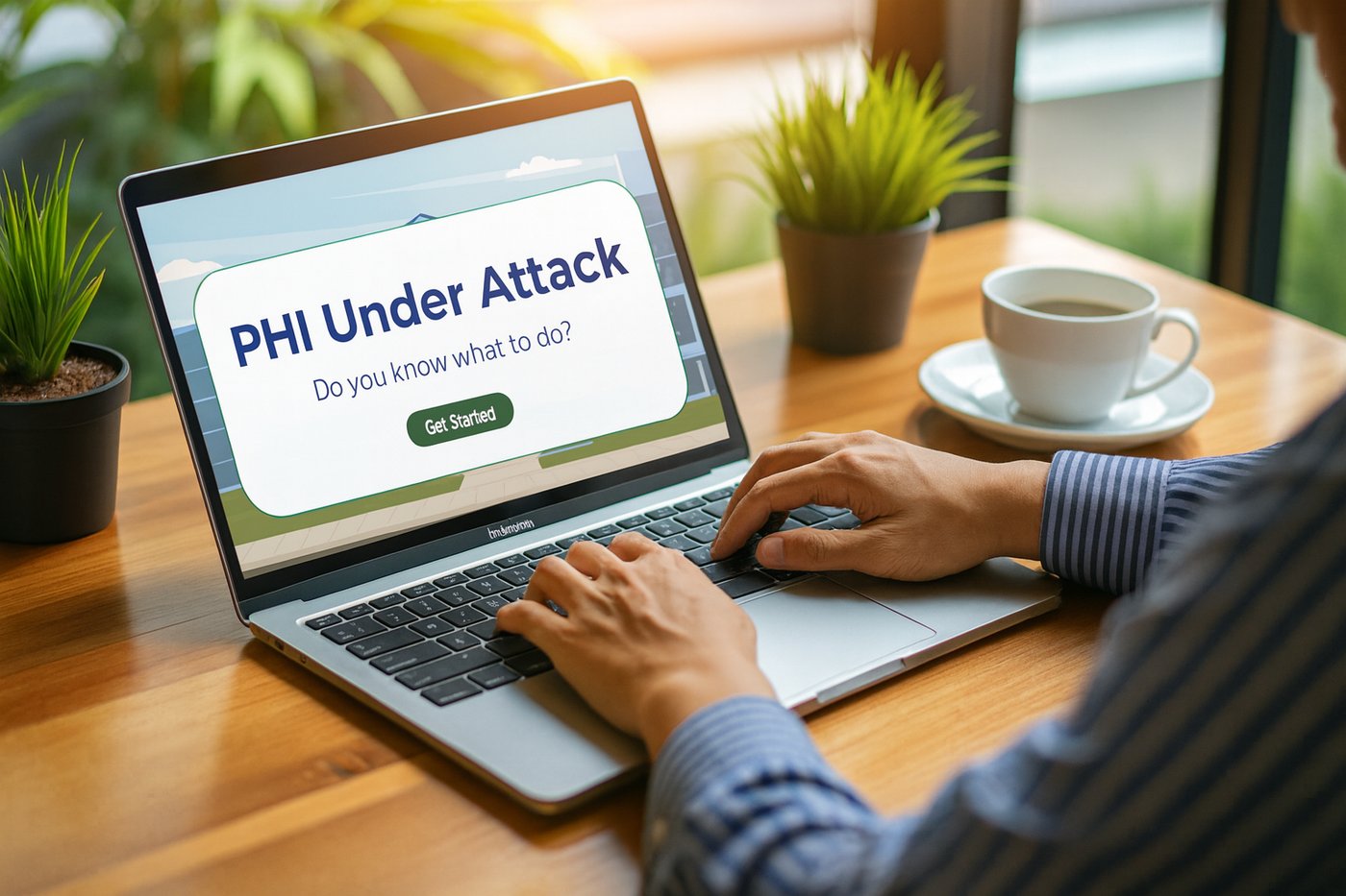 PHI Under Attack eLearning title screen on a laptop