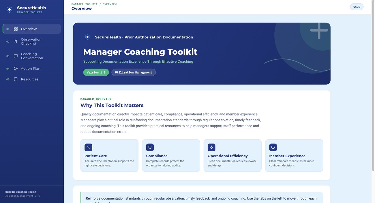 Manager Coaching Toolkit overview screen showing why the toolkit matters and its impact on patient care, compliance, operational efficiency, and member experience
