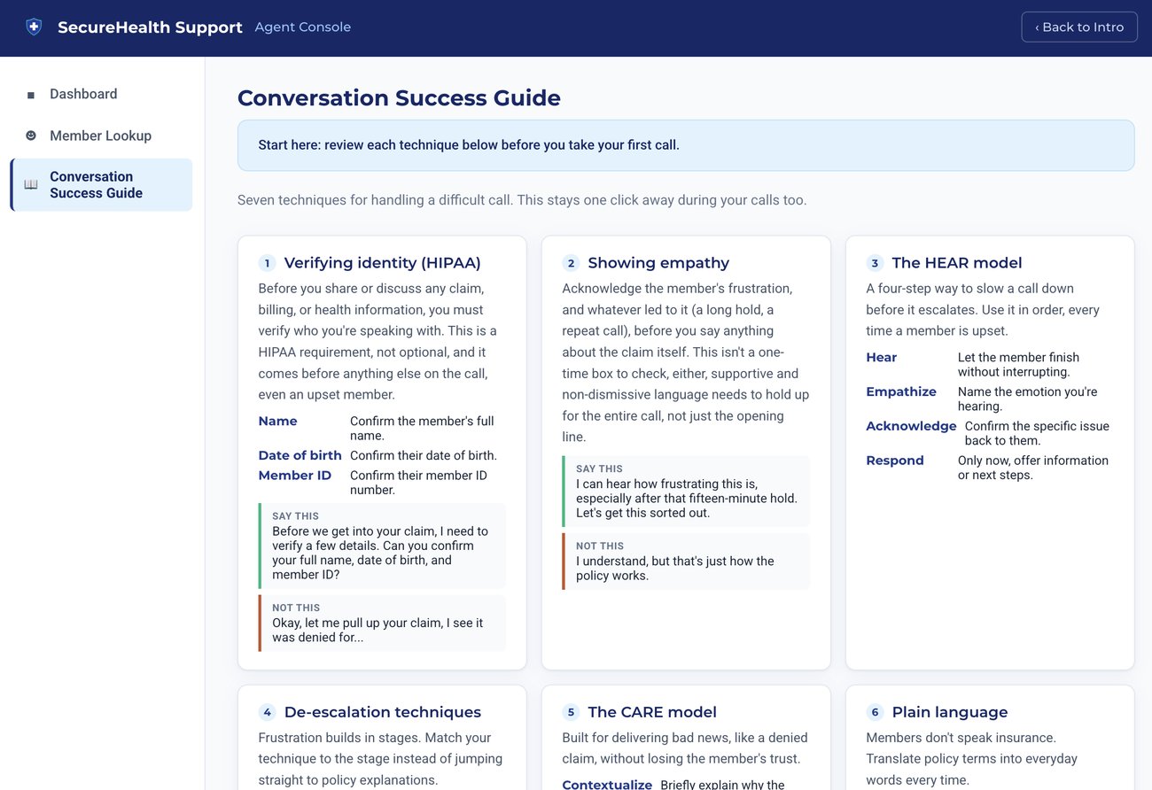 Conversation Success Guide showing techniques including verifying identity, showing empathy, and the HEAR model